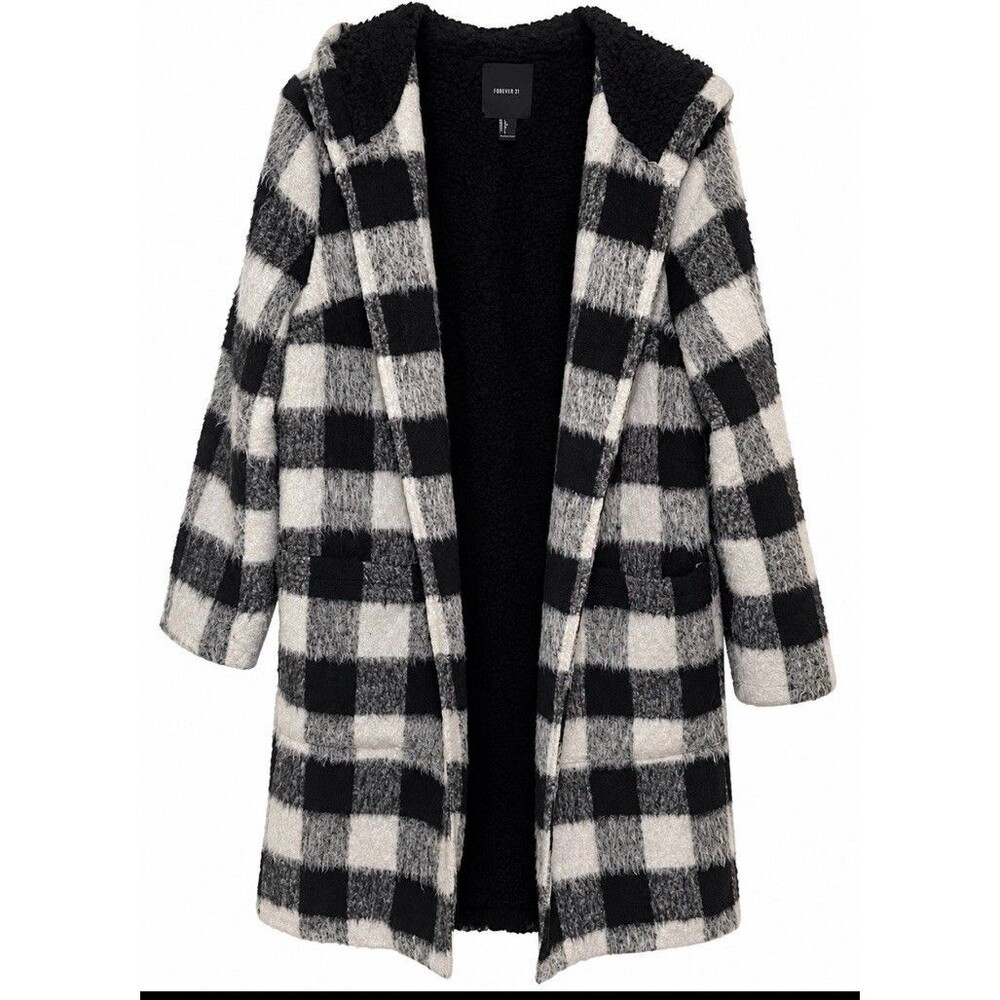 Forever 21 Fuzzy Buffalo Plaid Long Coat Sherpa Lined Hooded Open Front Large